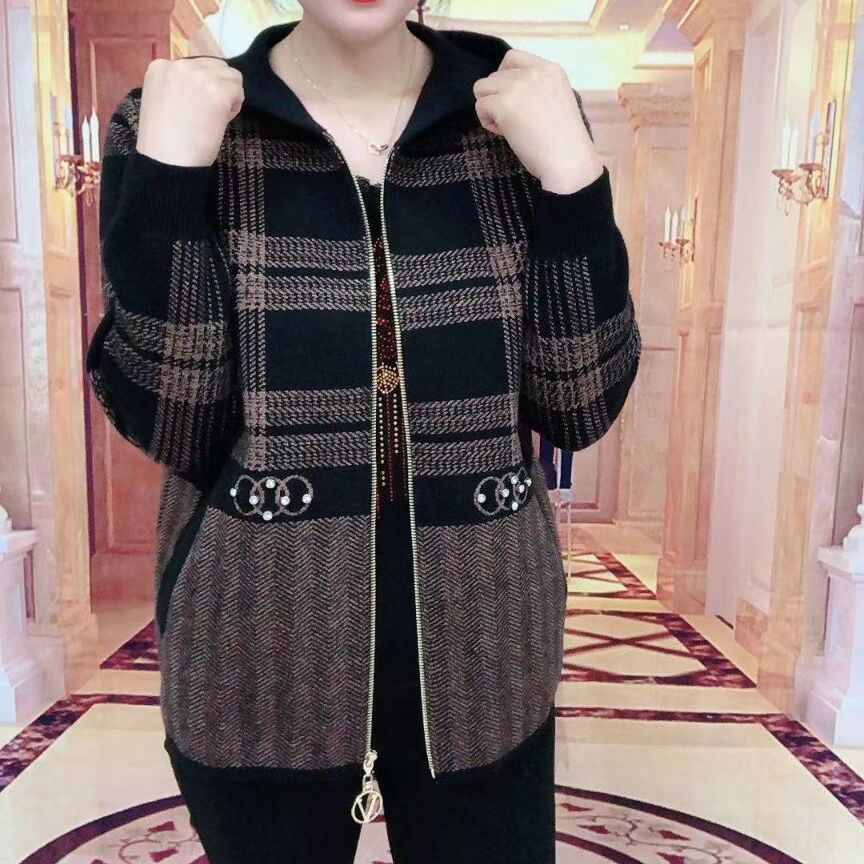 2023 Autumn New Woolen Plaid Coat Women's Casual Hooded Loose plus Size Western Style Slimming Middle-Aged Mom