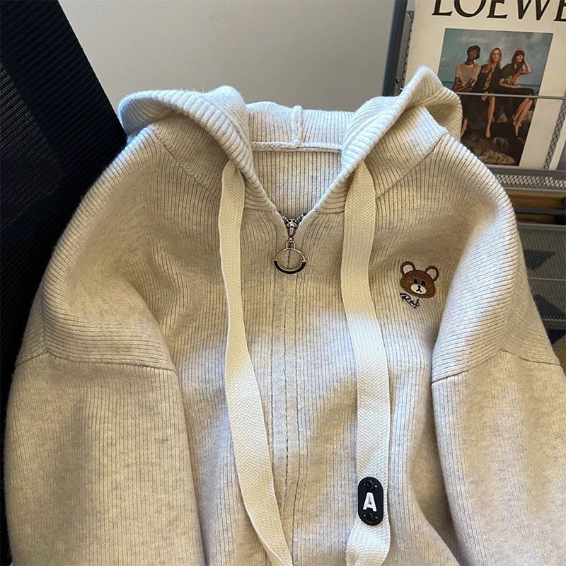 Áo cardigan màu hạnh nhân dệt kim hoodie zip dày áo len dệt kim áo khoác  lười biếng áo baggy mẫu mớ len