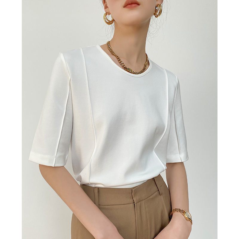Painting Plain White round Collar Decorative Short Sleeve Skin Comfortable Cotton T-shirt Female 2024 Spring and Summer New Simple Commuting