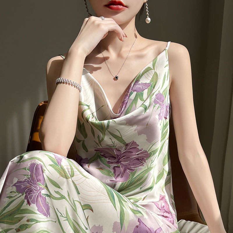 Triacetate Silk Suspender Dress Women's Summer Swing Collar High-End Mulberry Silk Satin Printed Inner A- line Dress