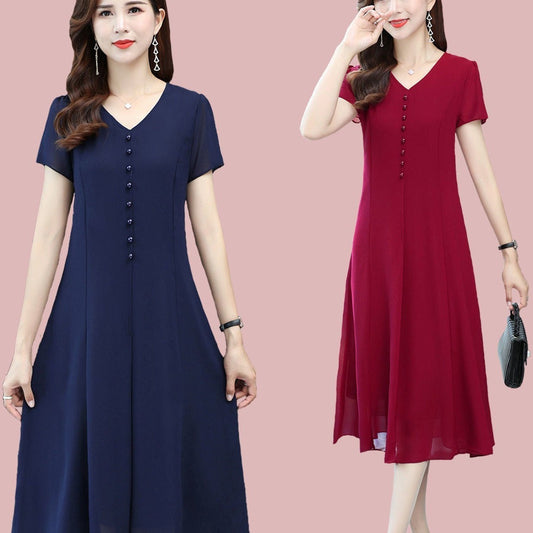 2022 New Summer Dress Mother's Chiffon Dress 40-50 Middle-Aged and Elderly Women Solid Color Overknee A- line Skirt