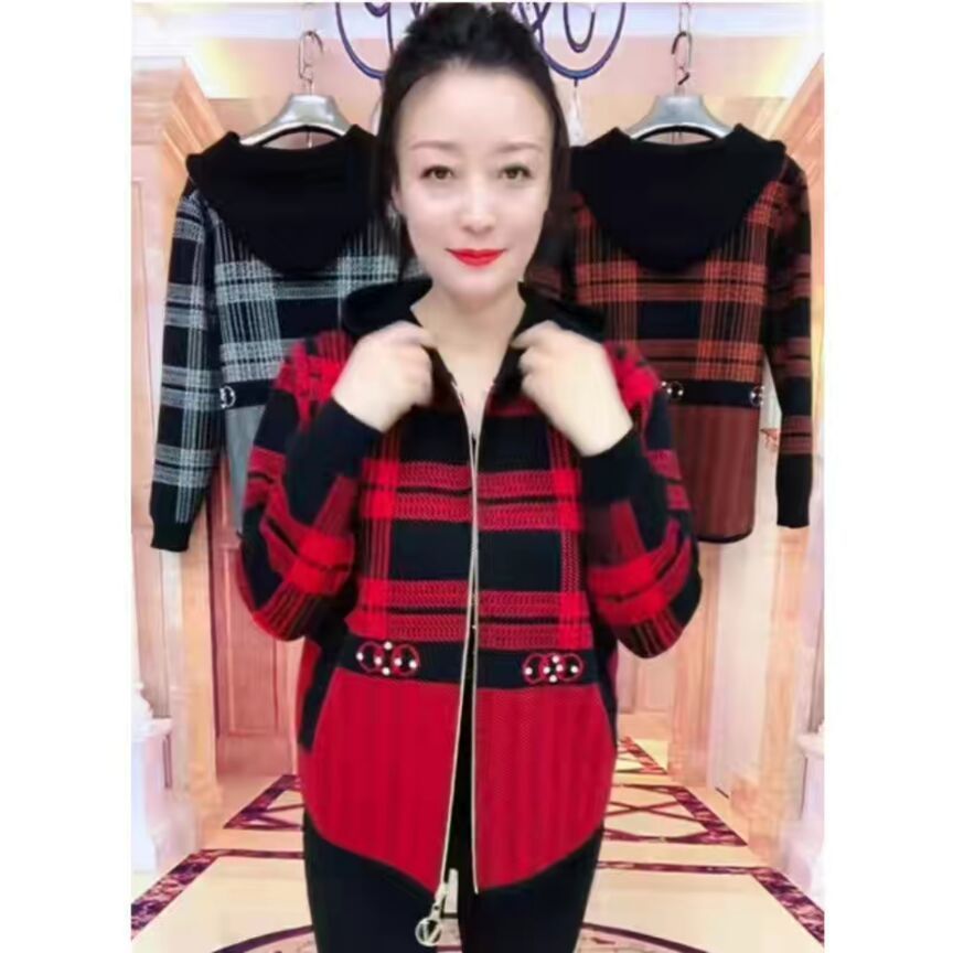 2023 Autumn New Woolen Plaid Coat Women's Casual Hooded Loose plus Size Western Style Slimming Middle-Aged Mom