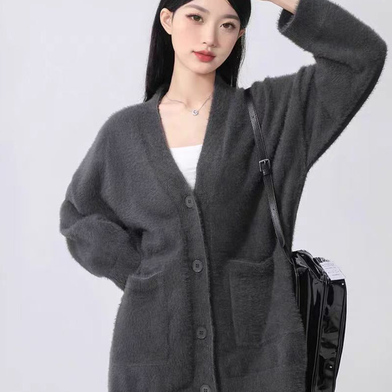 Idle Style Plush Solid Color Spring and Autumn Baggy Coat Imitated Mink Top Women's Mid-Length Cardigan with Ins