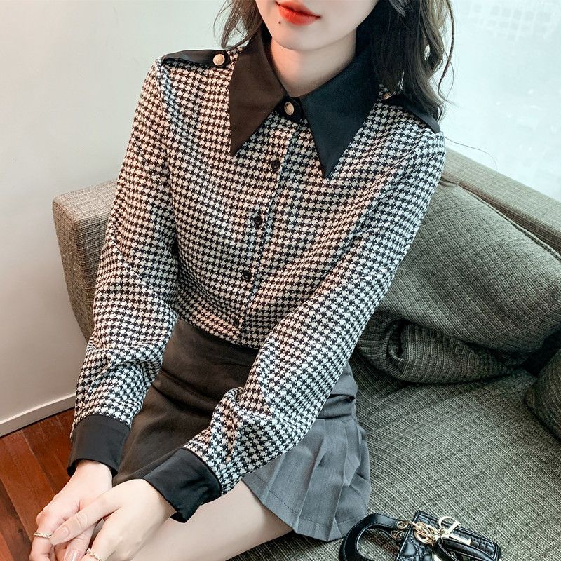 Áo Sơ Mi Voan Nữ Xuân Thu Mới Tay Dài Houndstooth Quần Lót Không Đường May Nhẹ Nhàng Nữ Tính Khí Áo Sơ Mi Hàng Đầu Dành Cho Nữ