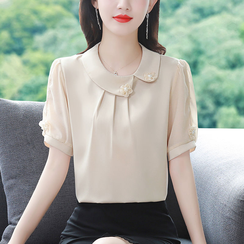 European style2024Fashionable Fashionable Fashionable Mom High-End Shirt New Women's Middle-Aged Summer Solid Color Short-Sleeved Shirt