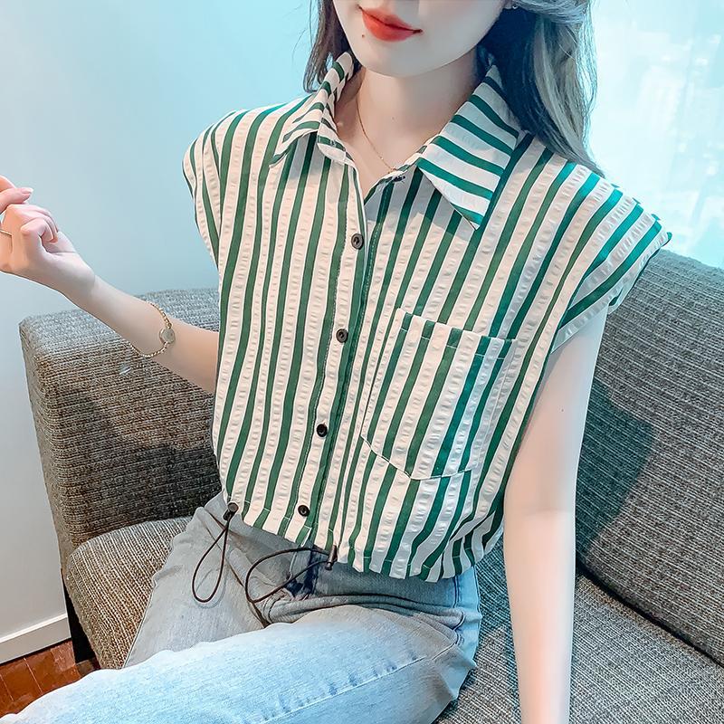 Flying Sleeve Striped Shirt for Women2023New Summer Design Sense Niche Drawstring French Short Sleeveless Top