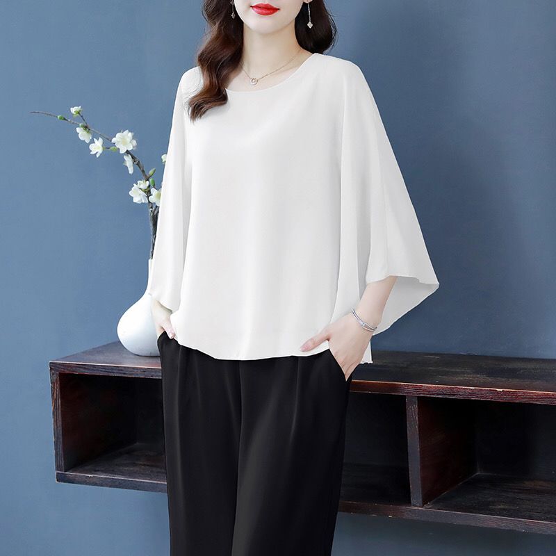 Batwing Shirt Summer Women's Loose T-shirt Small Shirt 2022 Spring and Summer Large Size Anti-Wrinkle Elegant Chiffon All-Matching Super Fairy Top