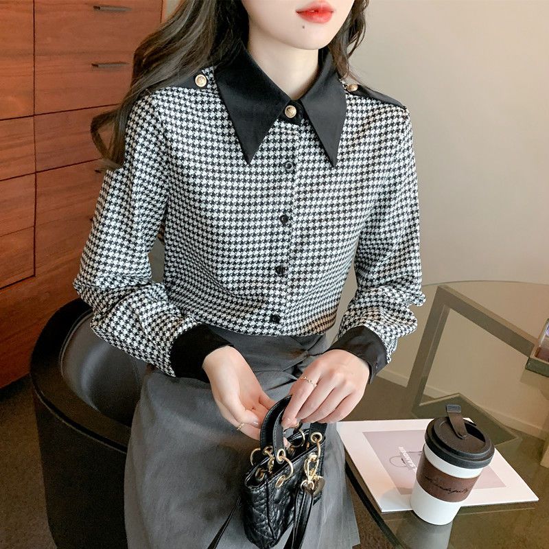 Áo Sơ Mi Voan Nữ Xuân Thu Mới Tay Dài Houndstooth Quần Lót Không Đường May Nhẹ Nhàng Nữ Tính Khí Áo Sơ Mi Hàng Đầu Dành Cho Nữ