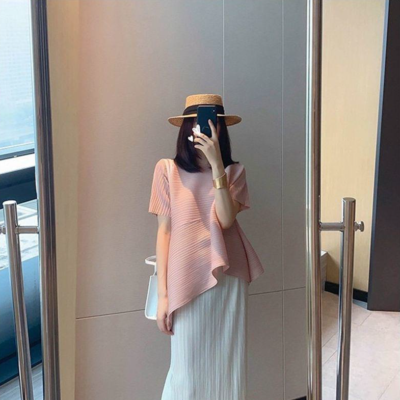 sale!Sanzhai Peplum Top không đều ngắn tay hàng đầu mùa hè xếp li lỏng giữa Chiều dài Niche giảm béo T-Shirt cho cuộc sống của phụ nữ