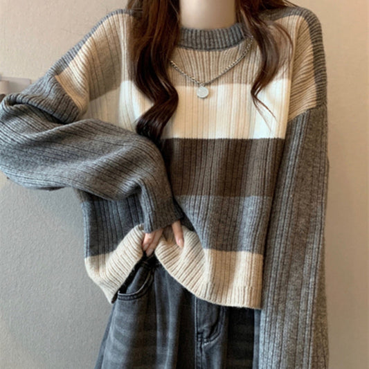 Chuyun Striped Short Style Knitted Sweater for Women Autumn and Winter New Popular Western Style Lazy Fashion Pullover Loose Top