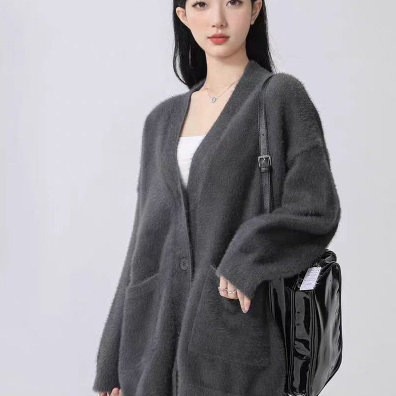 Idle Style Plush Solid Color Spring and Autumn Baggy Coat Imitated Mink Top Women's Mid-Length Cardigan with Ins