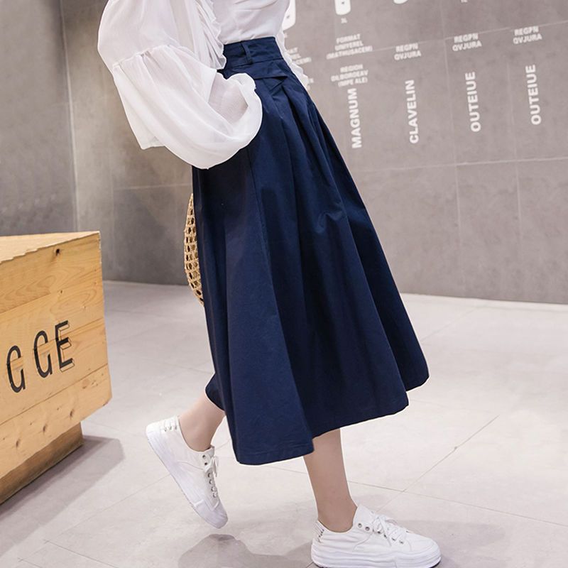 Quần culottes cạp cao nữ xuân hè mới màu trơn Quần ống rộng dáng rộng lưng thun Quần crop thường ngày Quần thời trang Ins