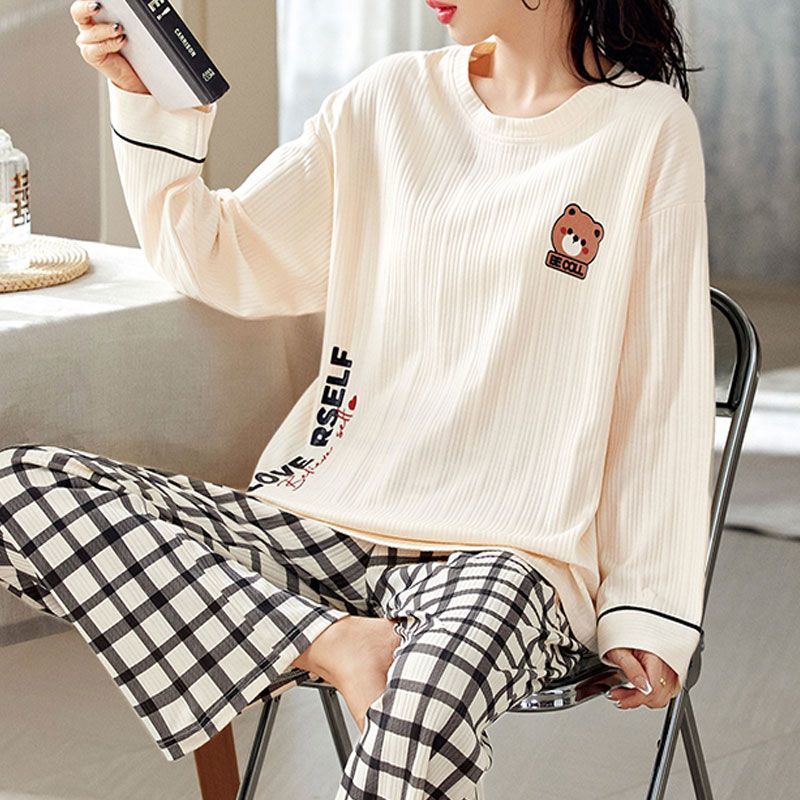 Bộ Đồ Ngủ 100% Cotton Nữ Xuân Thu Đông Dài Tay Quần Mới Rời Và Dễ Thương Của Cô Gái Mặc Nhà Bộ Đồ Mùa Thu