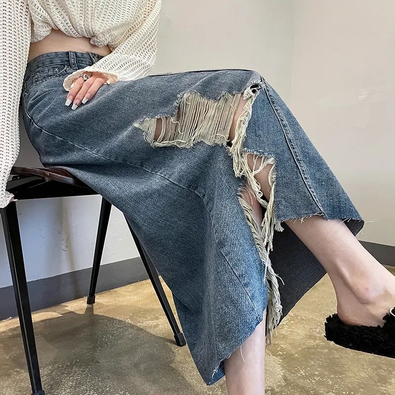 Váy Denim lưng cao Mới Không Đều Chiều Dài Váy Giảm Béo Đa Năng Béo Cô Gái Hình Quả Lê Váy Chữ A