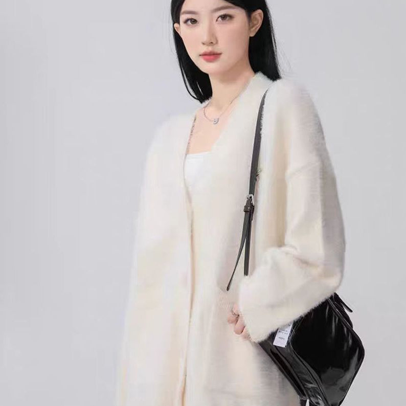 Idle Style Plush Solid Color Spring and Autumn Baggy Coat Imitated Mink Top Women's Mid-Length Cardigan with Ins