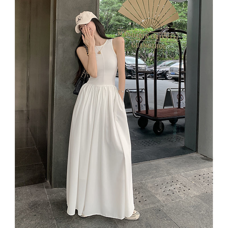 Đen không tay Vest ĐầM Cổ Tích mùa hè pháp Hepburn phong cách đơn giản thanh lịch cao cấp Trung Chiều dài đầm
